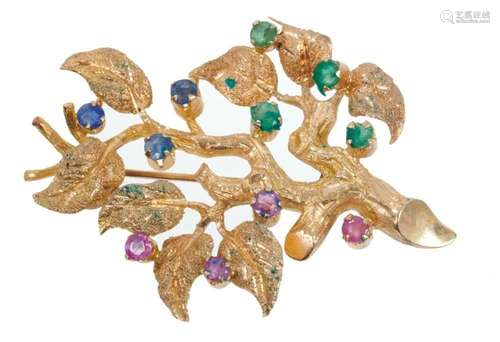 Gold and multi-gem brooch in the form of a tree with texture...