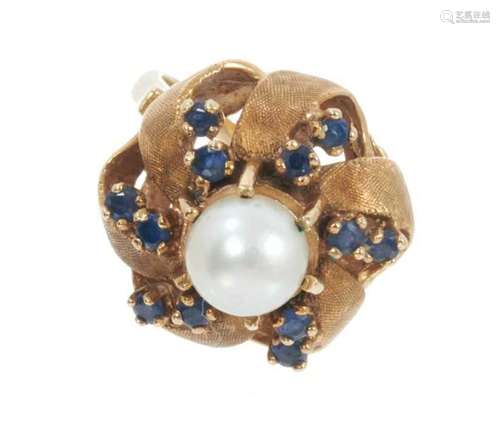 Gold cultured pearl and sapphire cocktail ring with central ...