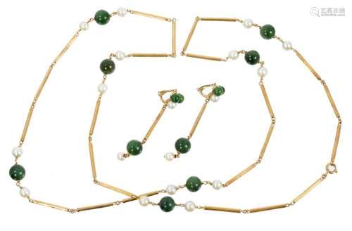 Nephrite, cultured pearl and gold long chain and matching ea...