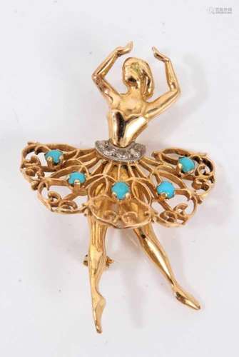 Gold and turquoise novelty brooch in the form of a ballerina...