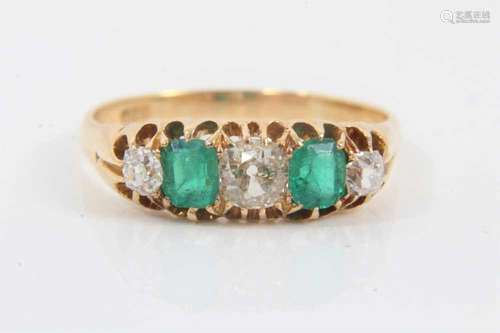 Victorian diamond and green stone five stone ring with three...