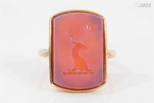 Antique intaglio signet ring with a rectangular carved carne...