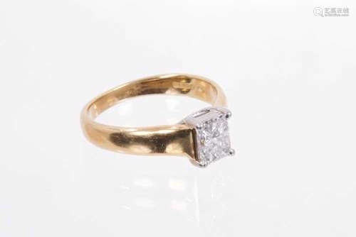 Fine diamond single stone ring with a rectangular cut corner...