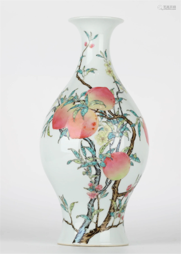 Tall Chinese Famille Rose Vase w Peaches