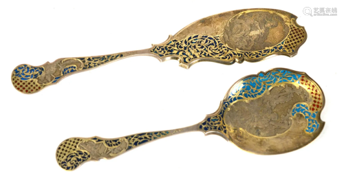 2 Pilque De Jour Silver Enamel Serving Spoons