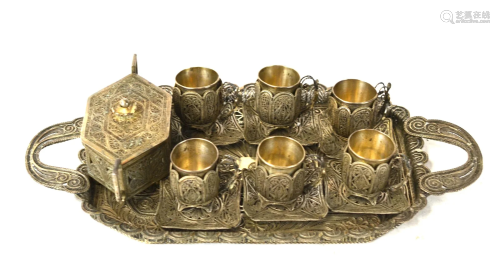 Fine Middle Eastern Filigree Silver Tea Set w Tray