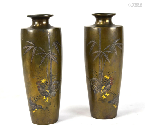 Pr Japanese Bronze Mix Metal Vases w.Rooster