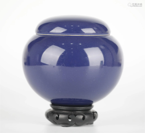 Chinese Blue Glazed Jar w Cover & Stand