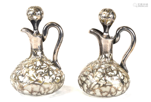 Pr of Silver Overlay Glass Decanters