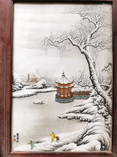 Chinese Wood Framed Snow Scene Porcelain Plaque