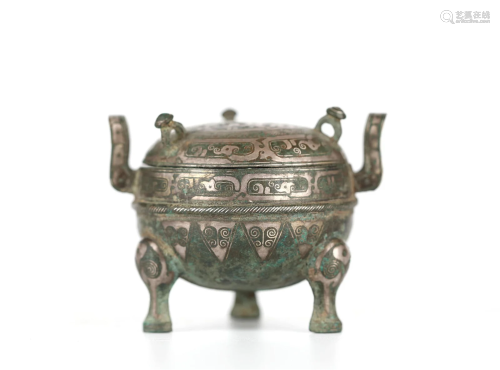 Chinese Silver Inlaided Bronze Covered Censer