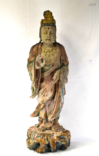 Large Chinese Painted Wood Figure of Guanyin