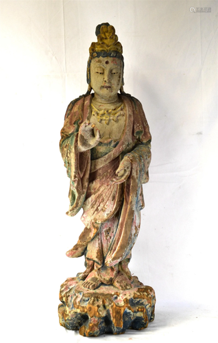 Large Chinese Painted Wood Figure of Guanyin