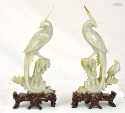 Pr Chinese Carved Jadeite Birds Figures w. Stands