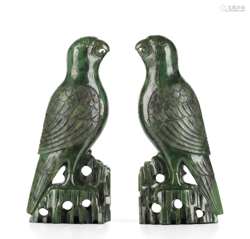 Pr of Chinese Carved Spinach Jade Birds