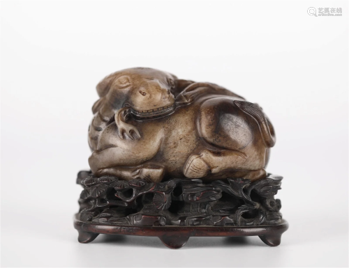 Chinese Carved Jade Figure of Buffalo on Stand