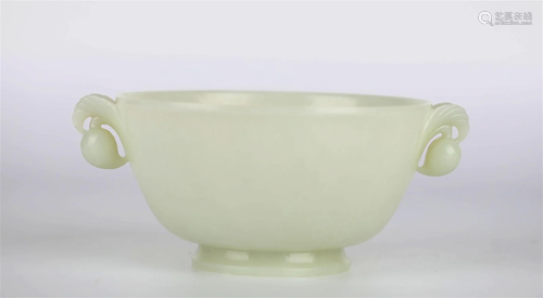 Chinese White Jade Bowl w Handles