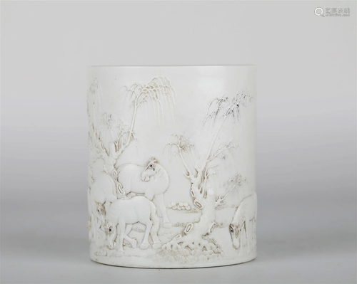 Chinese Carved White Porcelain Brush Pot