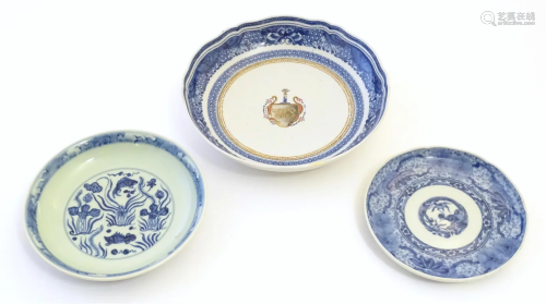 Three Chinese blue and white dishes, to include a dish decor...