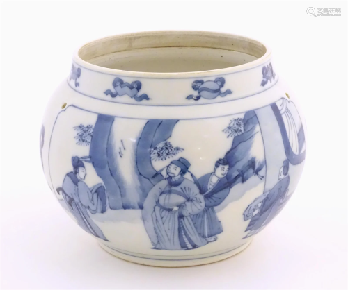 A Chinese blue and white planter with four drilled hanging h...