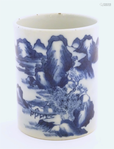 A Chinese blue and white brush pot of cylindrical form decor...