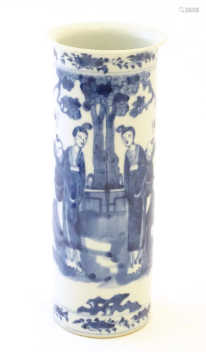 A Chinese blue and white vase of cylindrical form decorated ...