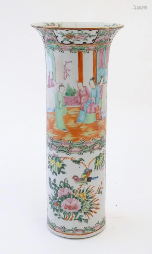 A Chinese / Cantonese vase of cylindrical form with a flared...