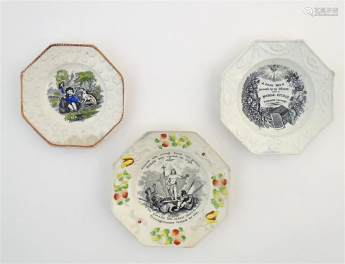 Three 19thC nursery plates of octagonal form with various de...