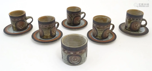 Five Briglin studio pottery coffee cups and saucers, togethe...