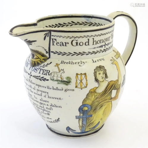 Oddfellows / Masonic Interest: A 19thC pearlware jug in Prat...