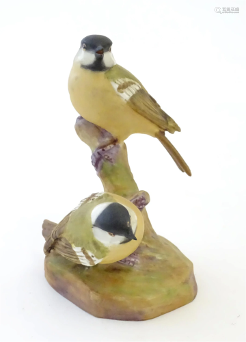 A Royal Worcester model of birds on a branch, Coal Tits. Mar...