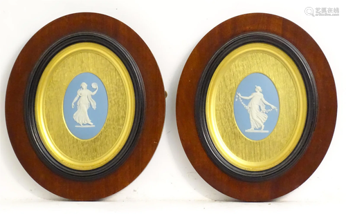 A pair of 19thC Wedgwood jasperware blue and white oval plaq...