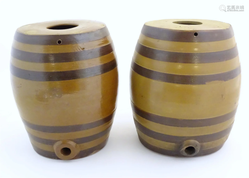 Two stoneware salt glazed barrels with banded detail. Approx...