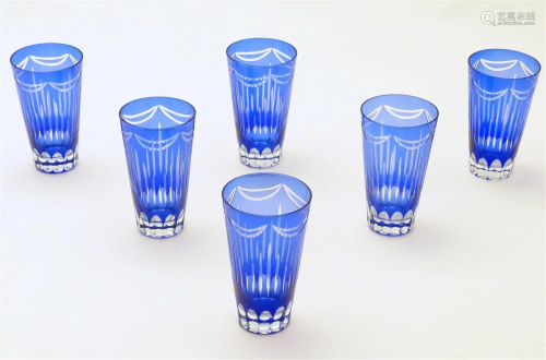 A set of 6 blue and clear cut glass drinking glasses. 5 1/2&...