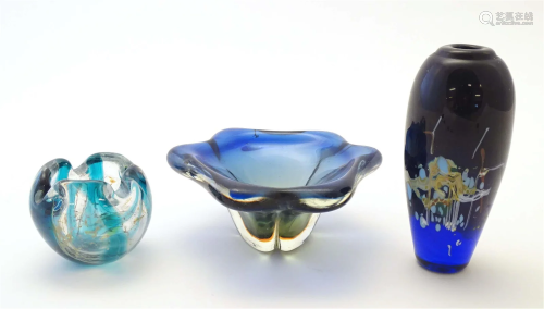 Three items of studio glass comprising a glass vase by Karli...