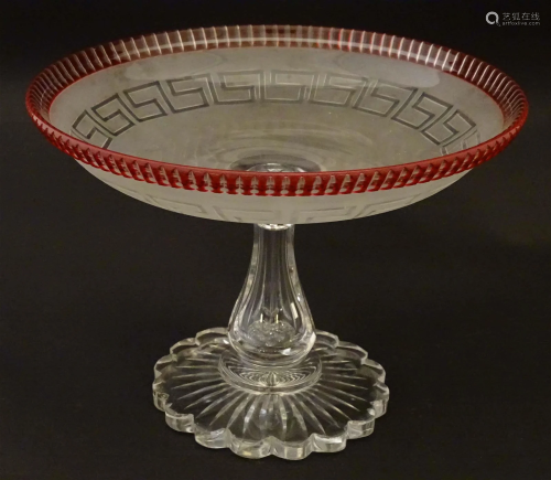 A glass tazza / comport with frosted and Greek key decoratio...