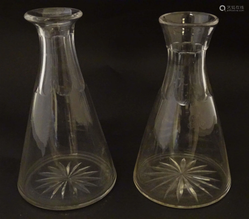 Two 20thC glass carafes, one with etched George V royal cyph...