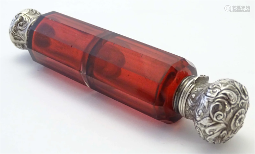 A ruby glass double ended scent flask / bottle with white me...