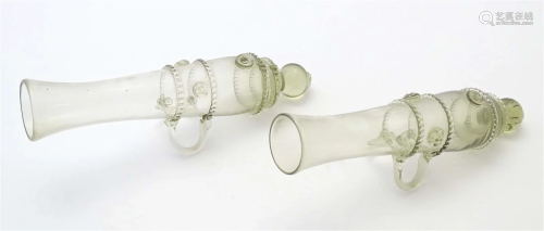 Two novelty hock / liqueur glasses formed as cannons. 8"...