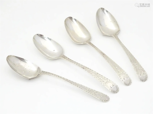 4 Geo III silver teaspoons with bright cut decoration. Hallm...