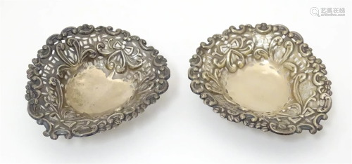 Two Victorian silver bon bon dishes of heart shape with embo...