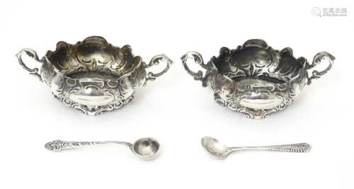 A pair of silver salts with twin handles hallmarked Sheffiel...