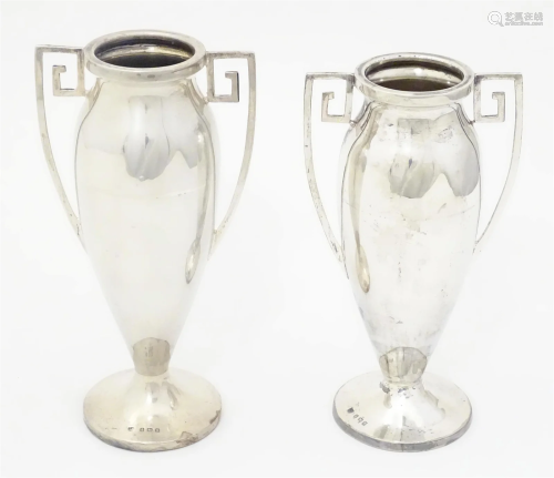 Two silver pedestal vases of urn form with Greek Key style h...