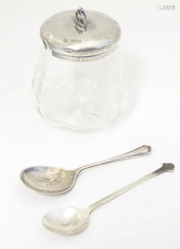 A cut glass jam / preserve pot with silver top hallmarked Ch...