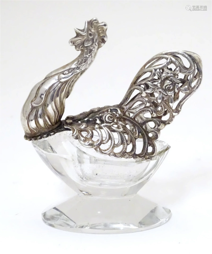 A glass and white metal salt formed as a cockerel. 3 1/2&quo...