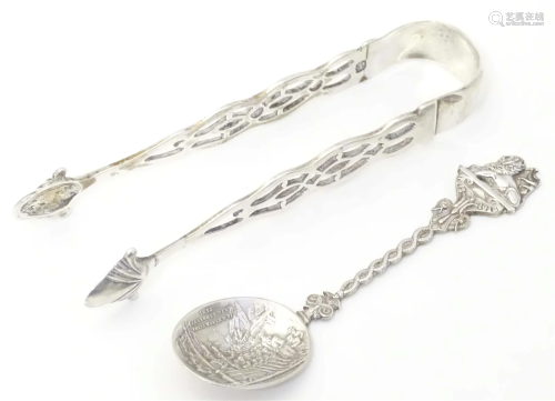 Silver sugar tongs with fretwork detail together with a Cont...
