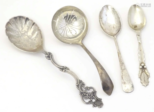 4 assorted spoons comprising an American Sterling silver tea...