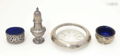 Assorted silver items comprising two salts, one oval with op...