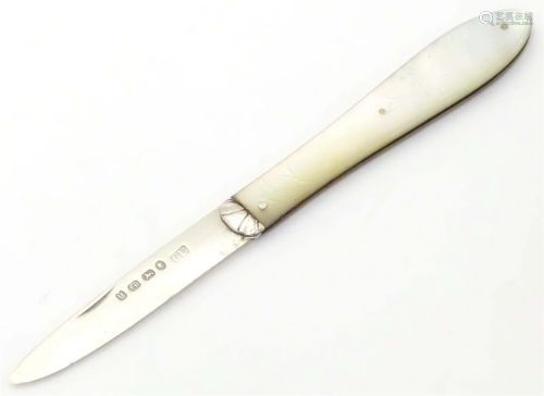 A Victorian folding fruit knife with mother of pearl handle ...