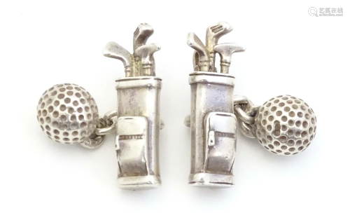 A pair of novelty silver cufflinks formed as golf bags and b...